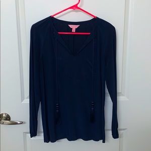 Lily Pulitzer Silk Navy Blue Blouse with Tassels